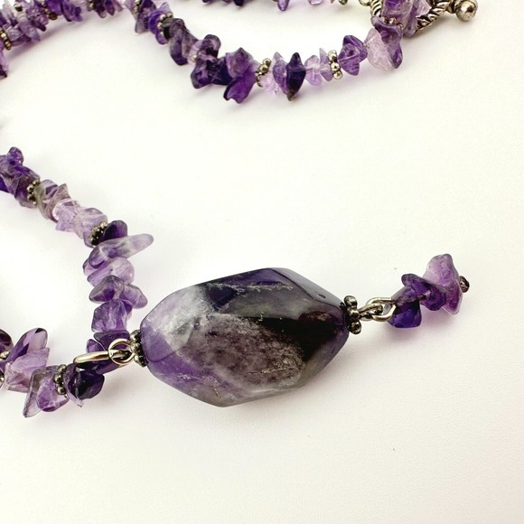 Natural Chip Bead Amethyst Silvertone Necklace with Chunky Stone Drop 15.5" VTG - Picture 4 of 8